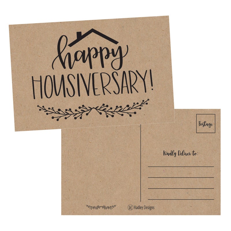 Hadley Designs 25 Kraft Happy Home Anniversary Realtor Cards, Blank Greeting House Postcards, Bulk Real Estate Thank You Notes, Welcome Home Realtor Gifts Stationery, New Realtor Gifts for Clients - Image 1